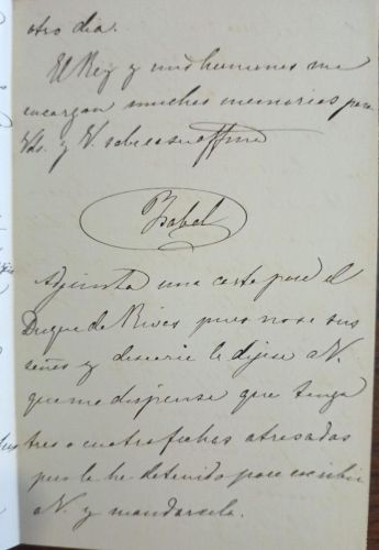 (Manuscrito-Firma real) Carta de la infanta Isabel al I marqués de Molins sobre la muerte de la infanta Pilar y de la caída del coche de Alfonso XII con dislocación del brazo así como de su esperanza de que la boda de María Cristina(de Habsburgo-Lorena co