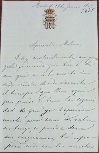 (Manuscrito) Carta de la infanta Isabel al Marqués de Molins, embajador de España en París e íntimo amigo de la familia real.  1875. Le relata su llegada, sus primeras impresiones y las simpatías que a ella y al Rey (Alfonso XII) les tiene el pueblo y que