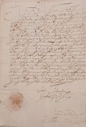 (Manuscrito) Carta que dirige el Gran Maestre de la Orden de San Juan Vignencourt a D. Martino de Ferrera, Arzobispo de Valencia, comunicándole que los procuradores de la castellanía pusieron pleito a D. Diego de Calatayud, nieto del Conde del Real pretendiendo anular su recepción... por haber nacido en Cerdeña... le nombréis comisarios que le hagan las pruebas de su nobleza... Junto con: orden en latín de D. Martino de Ferrera sobre el mismo asunto