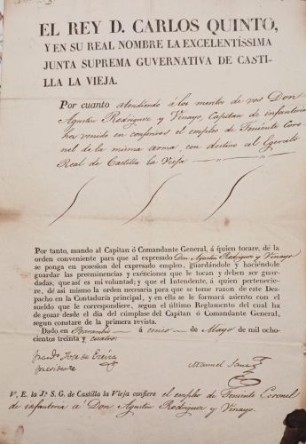 (Manuscrito) El Rey D. Carlos Quinto y en su real nombre la Excma... nombra como teniente coronel al capitán Agustín Rodríguez y Vinayo... 