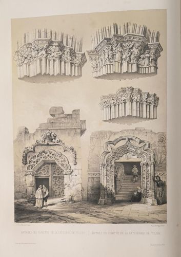 Detalles del claustro de la Catedral de Toledo. Puerta notable de úna casa particular en la misma ciudad